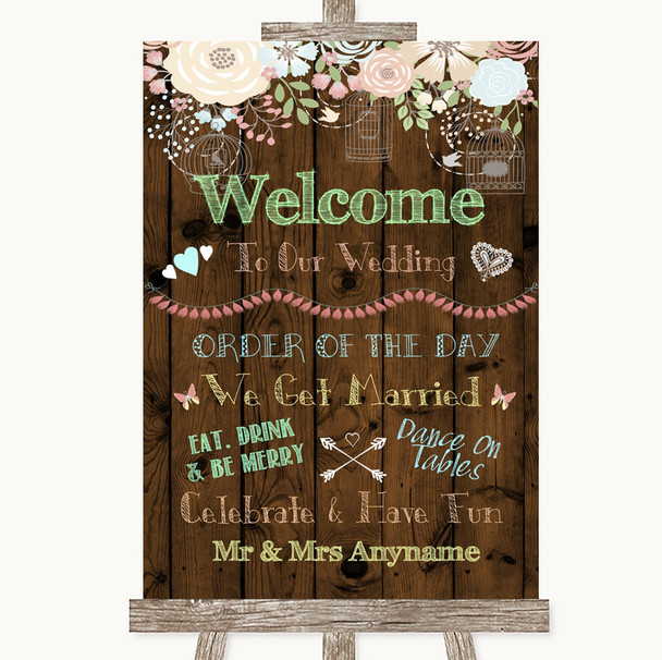 Rustic Floral Wood Welcome Order Of The Day Personalized Wedding Sign