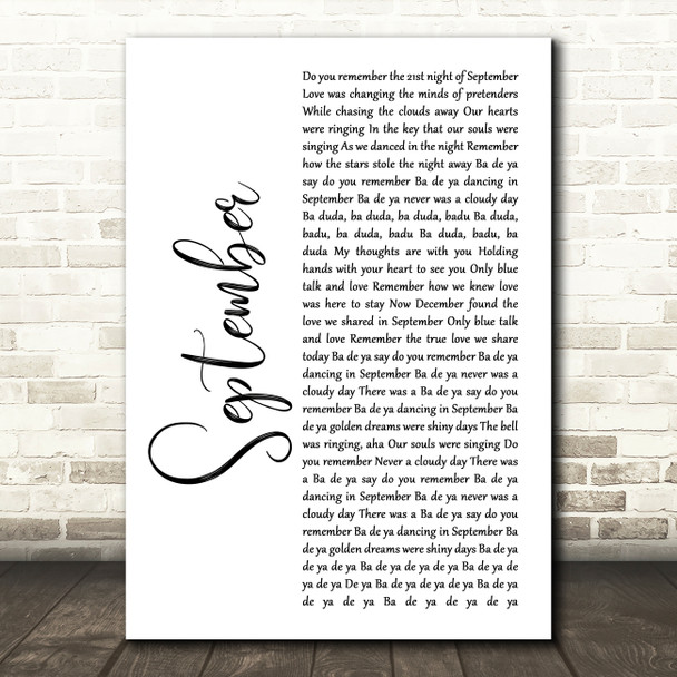 Earth, Wind And Fire September White Script Song Lyric Wall Art Print