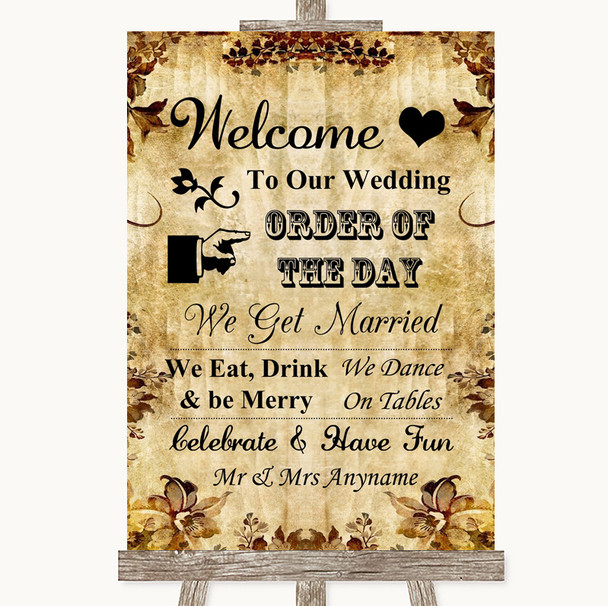 Autumn Vintage Welcome Order Of The Day Personalized Wedding Sign