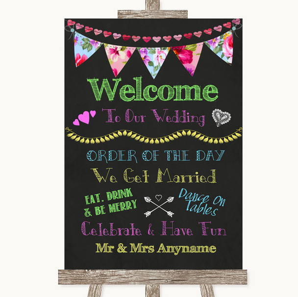 Bright Bunting Chalk Welcome Order Of The Day Personalized Wedding Sign