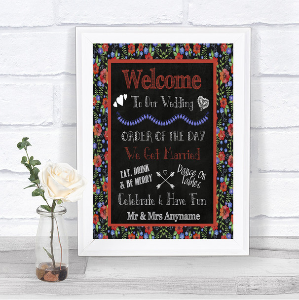 Floral Chalk Welcome Order Of The Day Personalized Wedding Sign