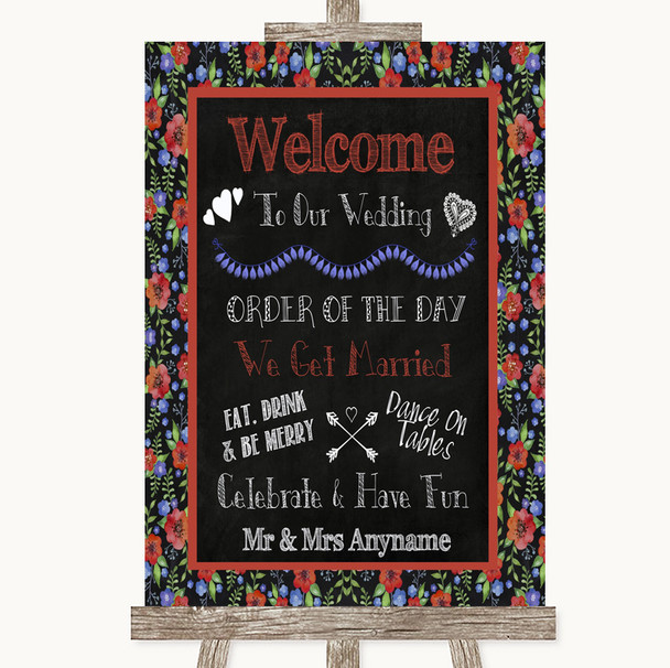 Floral Chalk Welcome Order Of The Day Personalized Wedding Sign