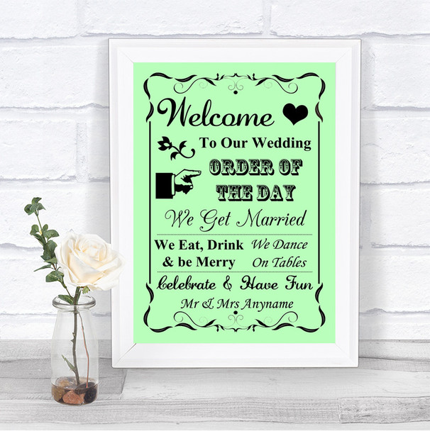 Green Welcome Order Of The Day Personalized Wedding Sign