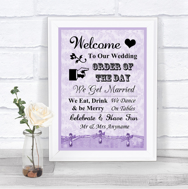 Lilac Shabby Chic Welcome Order Of The Day Personalized Wedding Sign