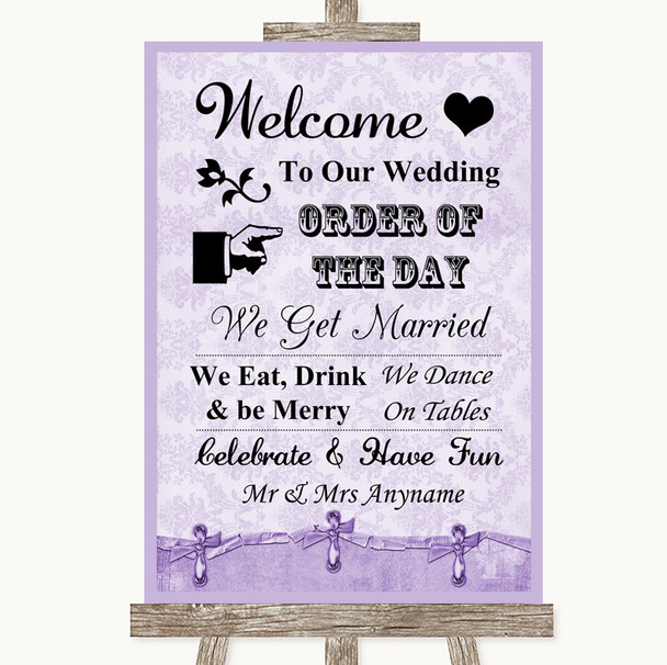 Lilac Shabby Chic Welcome Order Of The Day Personalized Wedding Sign