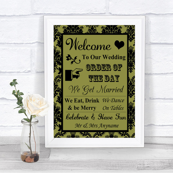 Olive Green Damask Welcome Order Of The Day Personalized Wedding Sign