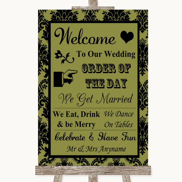 Olive Green Damask Welcome Order Of The Day Personalized Wedding Sign