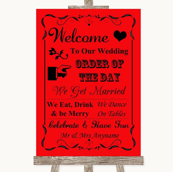 Red Welcome Order Of The Day Personalized Wedding Sign