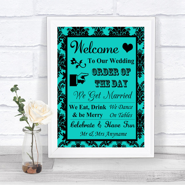 Turquoise Damask Welcome Order Of The Day Personalized Wedding Sign