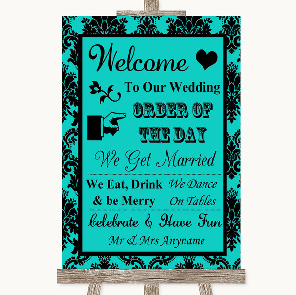 Turquoise Damask Welcome Order Of The Day Personalized Wedding Sign