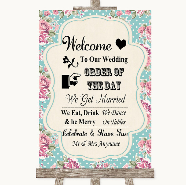 Vintage Shabby Chic Rose Welcome Order Of The Day Personalized Wedding Sign