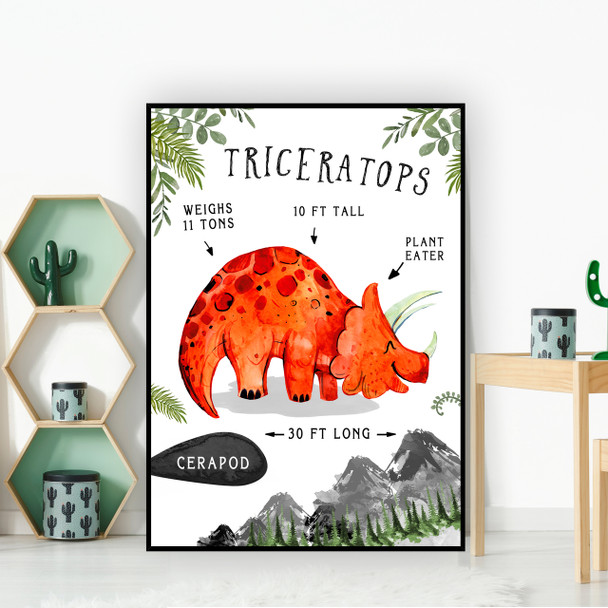 Triceratops Dinosaur Facts Children's Nursery Kids Wall Art Print