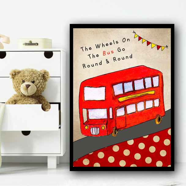 London Wheels On The Bus Nursery Rhyme Children's Nursery Bedroom Wall Art Print