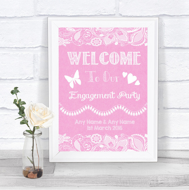 Pink Burlap & Lace Welcome To Our Engagement Party Personalized Wedding Sign