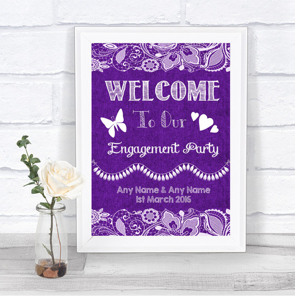 Purple Burlap & Lace Welcome To Our Engagement Party Personalized Wedding Sign