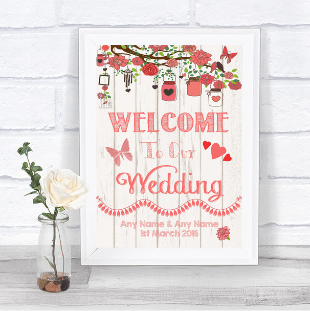 Coral Rustic Wood Welcome To Our Wedding Personalized Wedding Sign