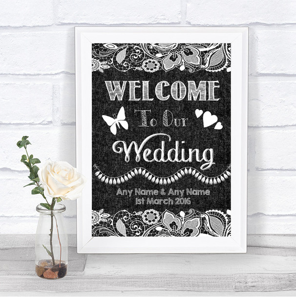 Dark Grey Burlap & Lace Welcome To Our Wedding Personalized Wedding Sign