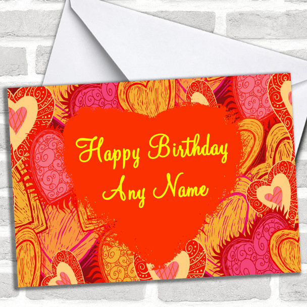 Orange And Pink Love Hearts Romantic Personalized Birthday Card