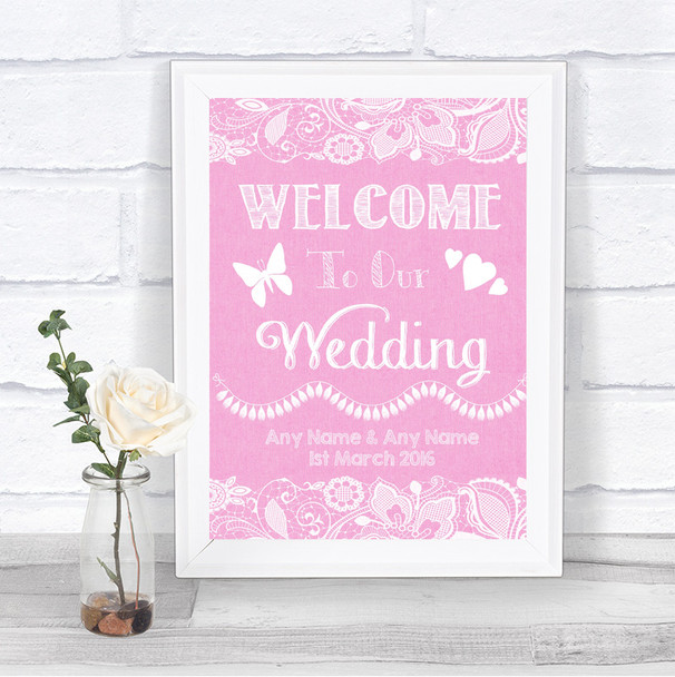 Pink Burlap & Lace Welcome To Our Wedding Personalized Wedding Sign