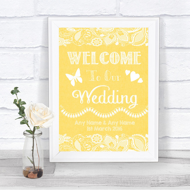 Yellow Burlap & Lace Welcome To Our Wedding Personalized Wedding Sign