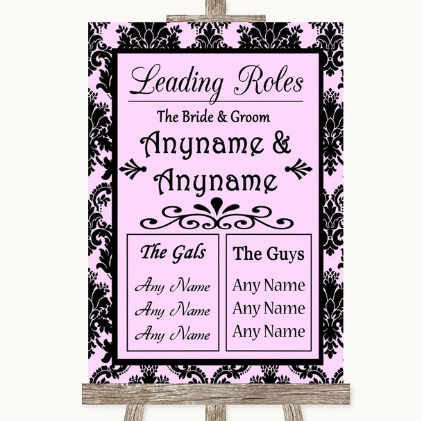 Baby Pink Damask Who's Who Leading Roles Personalized Wedding Sign