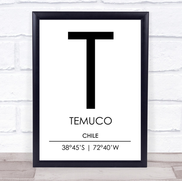 Temuco Chile Coordinates World City Travel Print