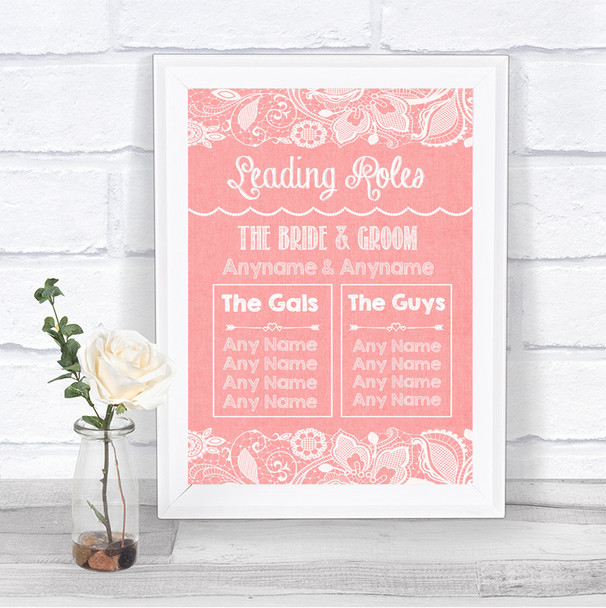 Coral Burlap & Lace Who's Who Leading Roles Personalized Wedding Sign