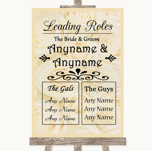 Cream Roses Who's Who Leading Roles Personalized Wedding Sign