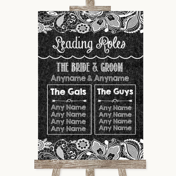 Dark Grey Burlap & Lace Who's Who Leading Roles Personalized Wedding Sign