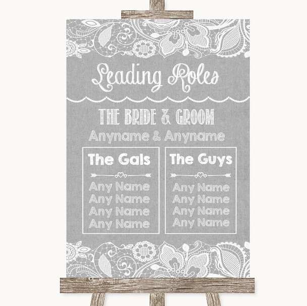 Grey Burlap & Lace Who's Who Leading Roles Personalized Wedding Sign