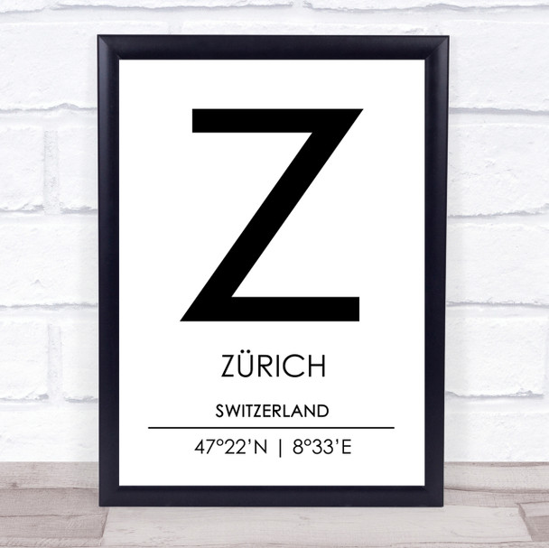 Zurich Switzerland Coordinates Travel Print