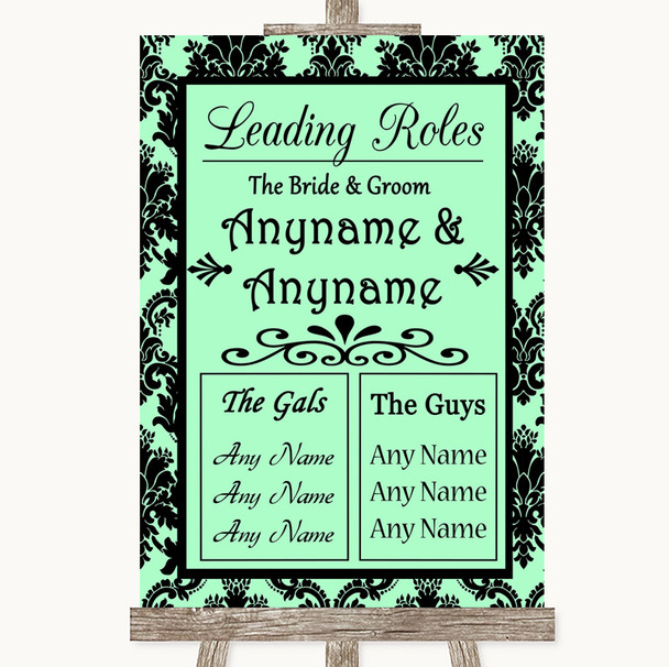 Mint Green Damask Who's Who Leading Roles Personalized Wedding Sign