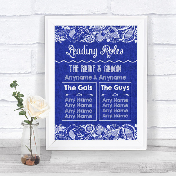 Navy Blue Burlap & Lace Who's Who Leading Roles Personalized Wedding Sign