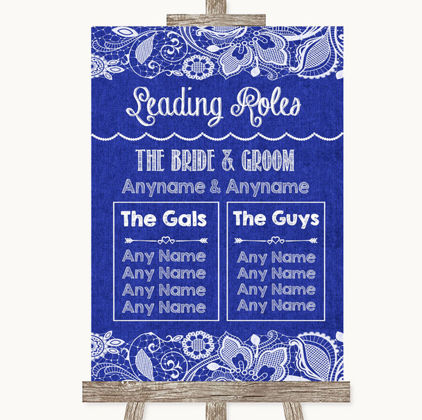 Navy Blue Burlap & Lace Who's Who Leading Roles Personalized Wedding Sign