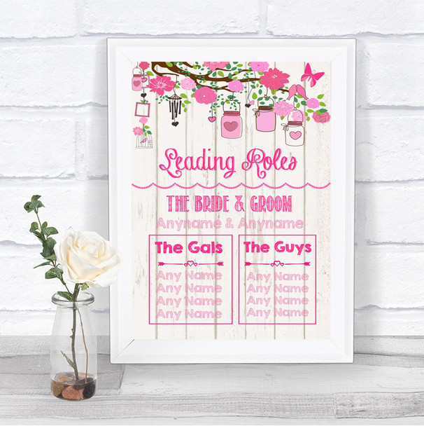 Pink Rustic Wood Who's Who Leading Roles Personalized Wedding Sign