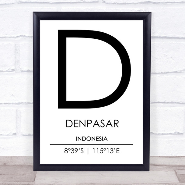 Denpasar Indonesia Coordinates Travel Print