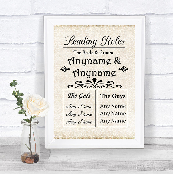 Shabby Chic Ivory Who's Who Leading Roles Personalized Wedding Sign