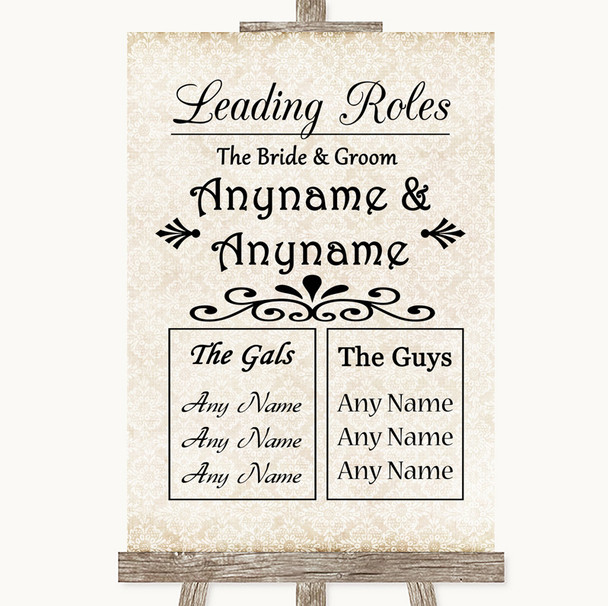 Shabby Chic Ivory Who's Who Leading Roles Personalized Wedding Sign