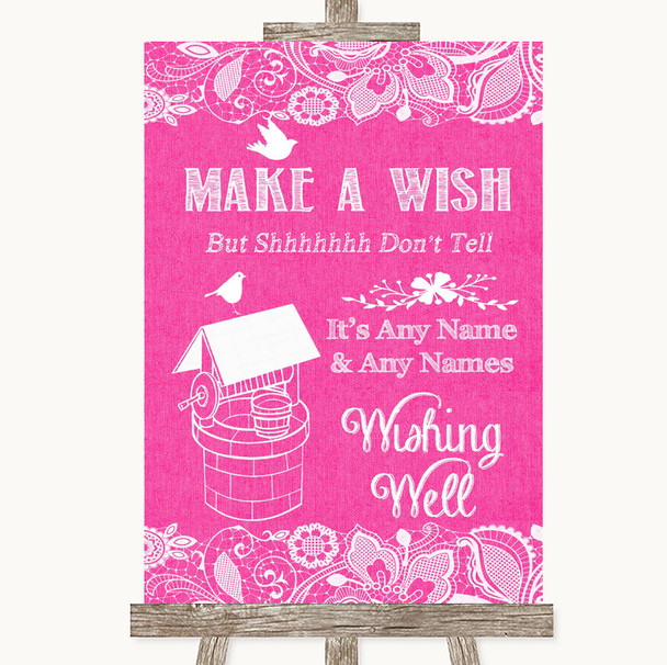 Bright Pink Burlap & Lace Wishing Well Message Personalized Wedding Sign