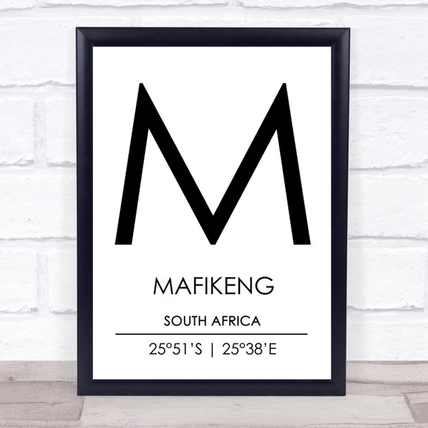 Mafikeng South Africa Coordinates Travel Print