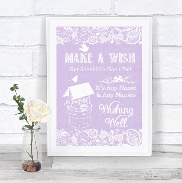 Lilac Burlap & Lace Wishing Well Message Personalized Wedding Sign