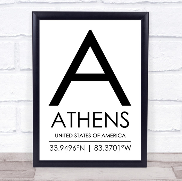 Athens United States Of America Coordinates World City Quote Print Athens United States Of America Coordinates World City Quote Print