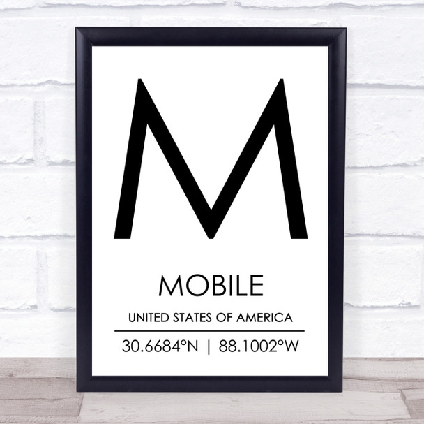 Mobile United States Of America Coordinates World City Quote Print