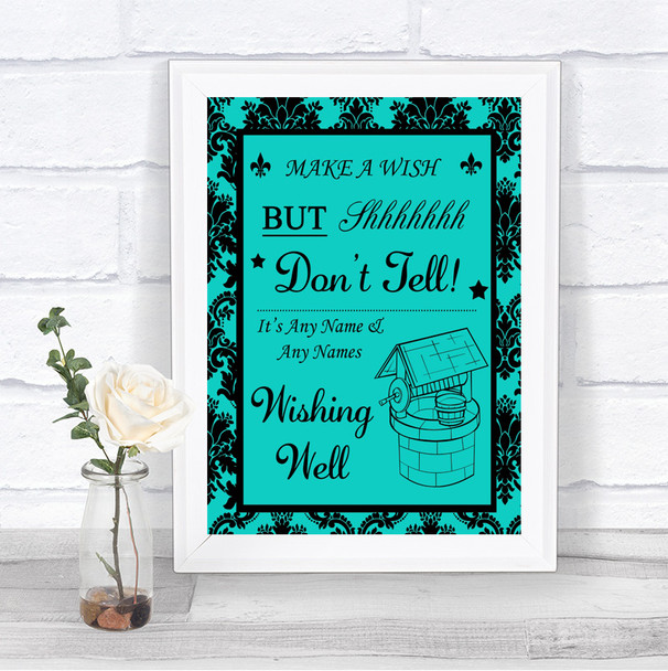 Turquoise Damask Wishing Well Message Personalized Wedding Sign