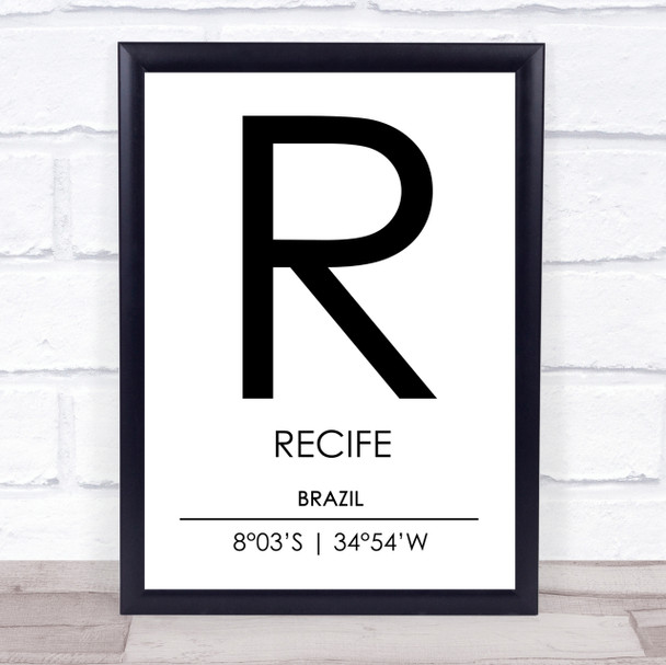 Recife Brazil Coordinates World City Travel Print