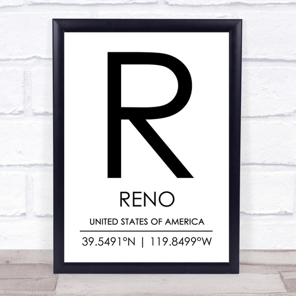 Reno United States Of America Coordinates Travel Quote Print