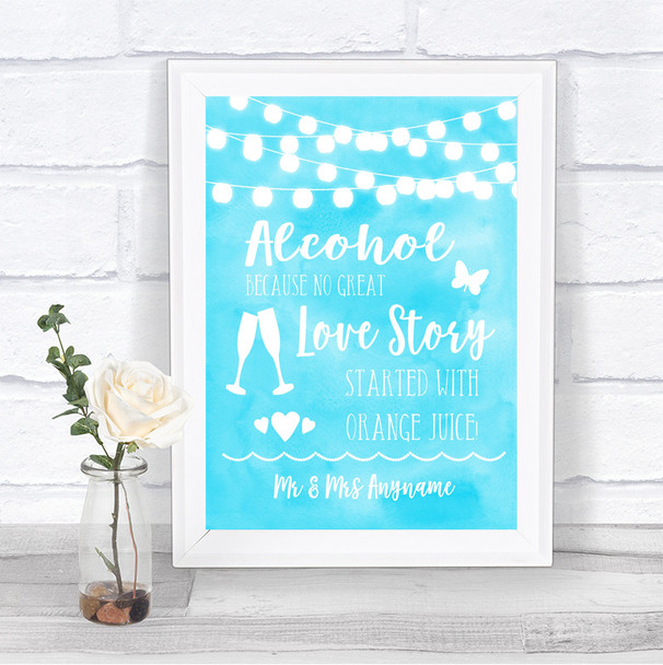 Aqua Sky Blue Watercolour Lights Personalized Wedding Sign