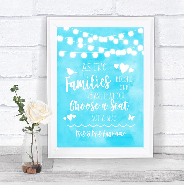 Aqua Sky Blue Lights As Families Become One Seating Plan Wedding Sign