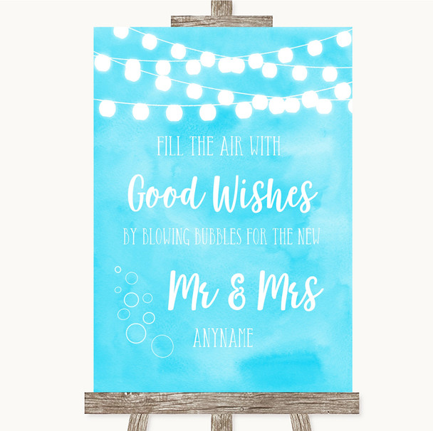 Aqua Sky Blue Watercolour Lights Blow Bubbles Personalized Wedding Sign