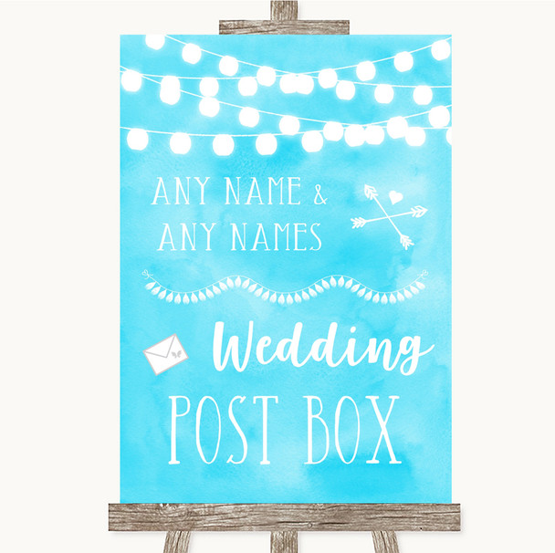 Aqua Sky Blue Watercolour Lights Card Post Box Personalized Wedding Sign